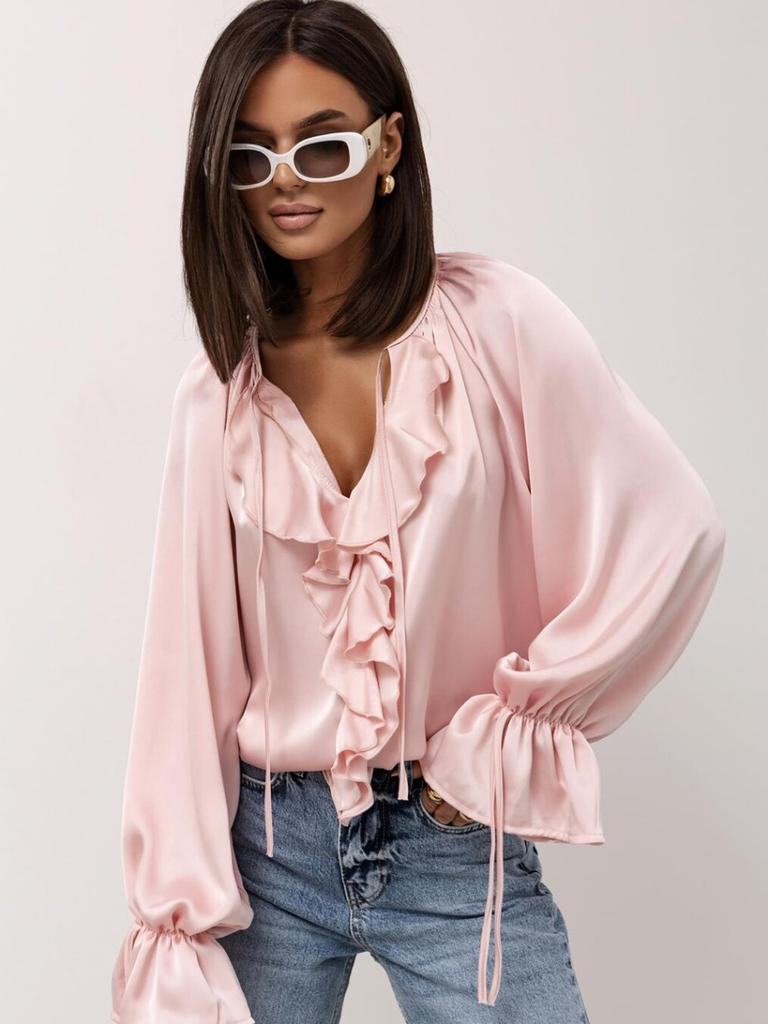 Spring/Summer Tie-Up Collar Ruffled Edge Blouse Loose Bell Sleeve Women's Shirt