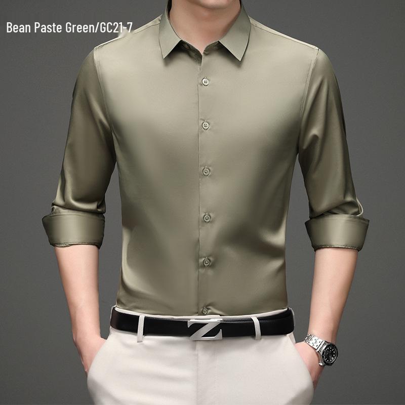 Men's Solid Color Iron-Free Stretch Korean Style Slim Fit Long Sleeve Business Casual Shirt - White