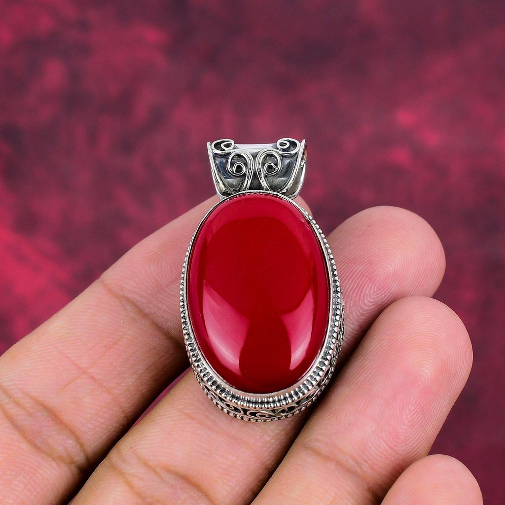 Pandantiv cu piatră prețioasă lucrat manual cu coral roșu, bijuterii antice cu pandantiv din argint solid 925, pentru cadou de logodnă