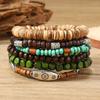 Wood Beaded Bracelets Handmade Bohemian Multilayer Set Ethnic Retro Floral Charm Wristband Stackable Hand  for Men Women