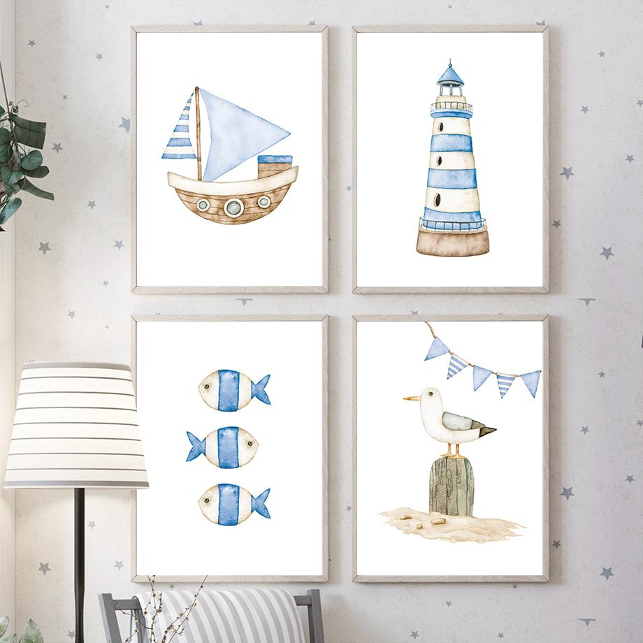 Sailboat Lighthouse Fish Nautical Nursery Wall Art Canvas Painting Nordic Posters And Prints Wall Pictures Baby Kids Room Decor