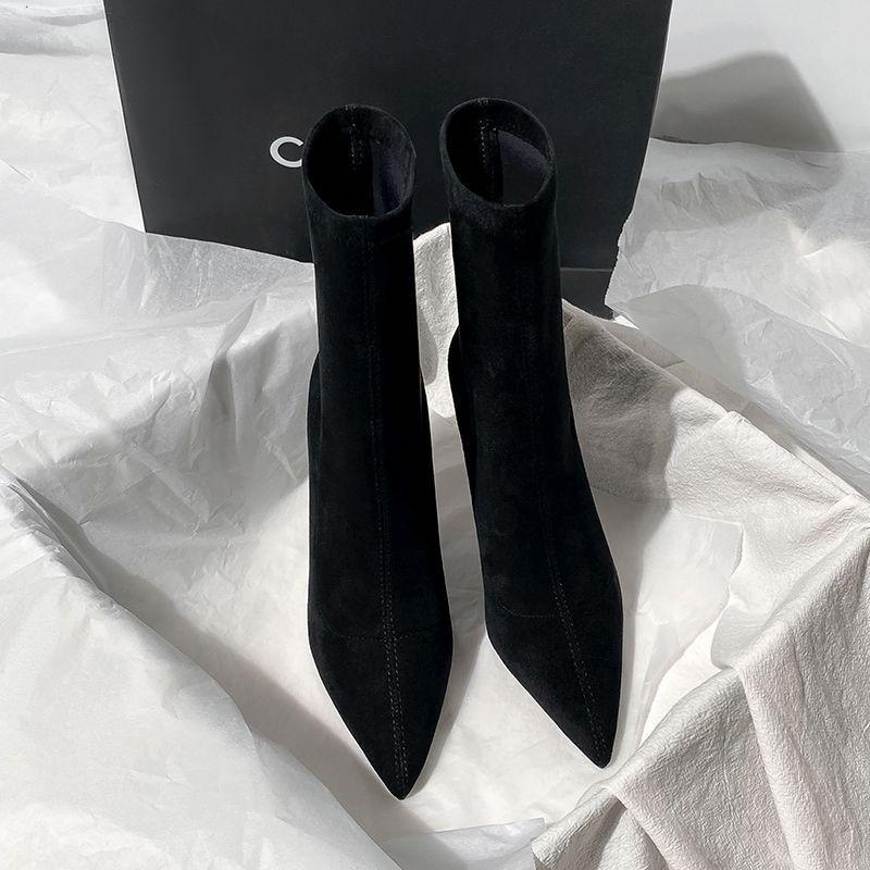 Socks Boots High Heel Thin Heel Pointed Apricot Korean Version Short Boots Women Thin Boots Suede Monsoon