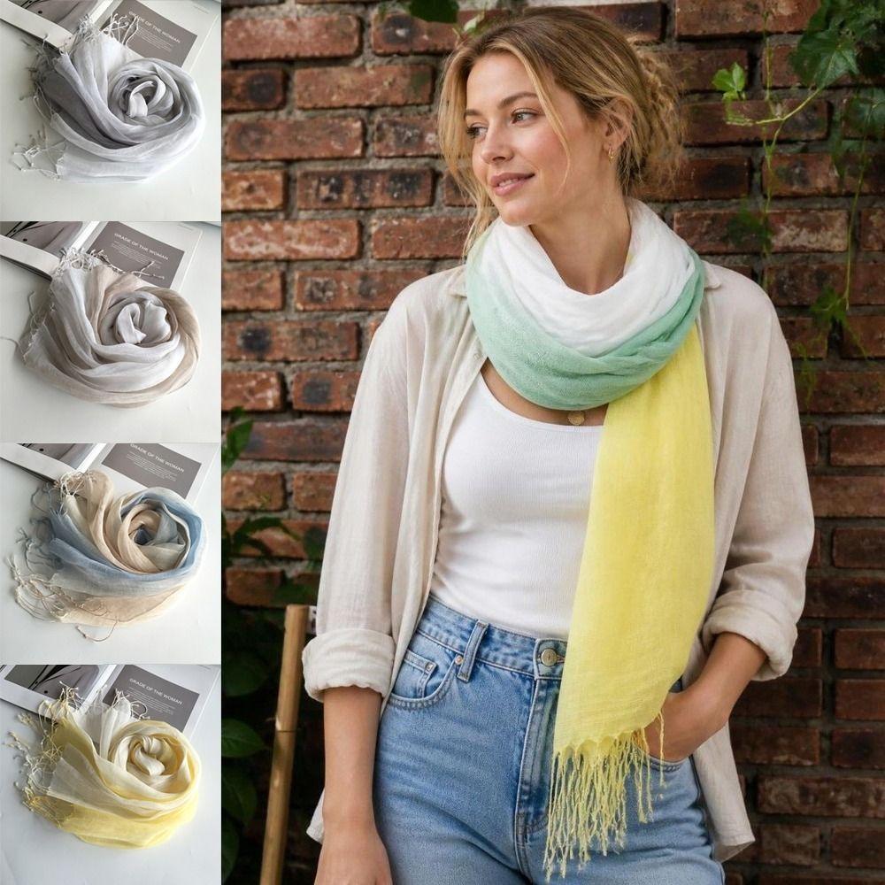 Lightweight Gradient Scarf Sun Proof Shawl Wrap Japanese Style Pure Linen Scarf  For Women Ladies