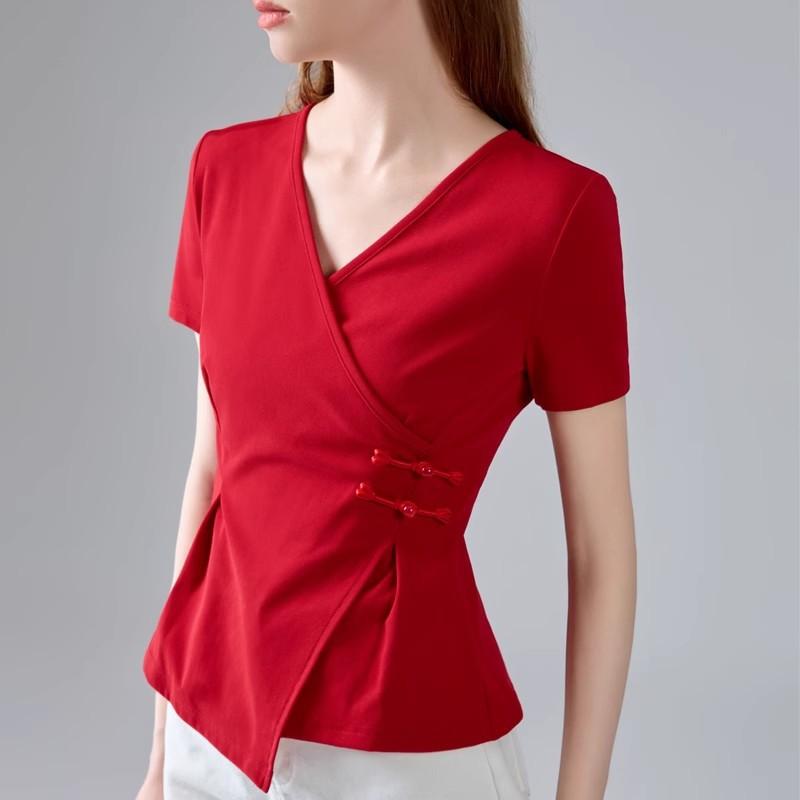 Short-sleeved t-shirt women's summer new women's cross v-neck button-up cotton t-shirt irregular hem waist top