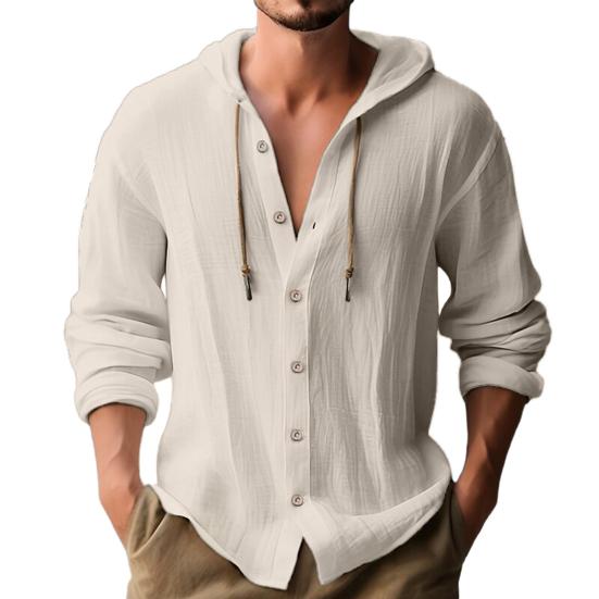 Men Hooded Drawstring Shirt Top Solid Color Button Closure Long Sleeve Quick Dry
