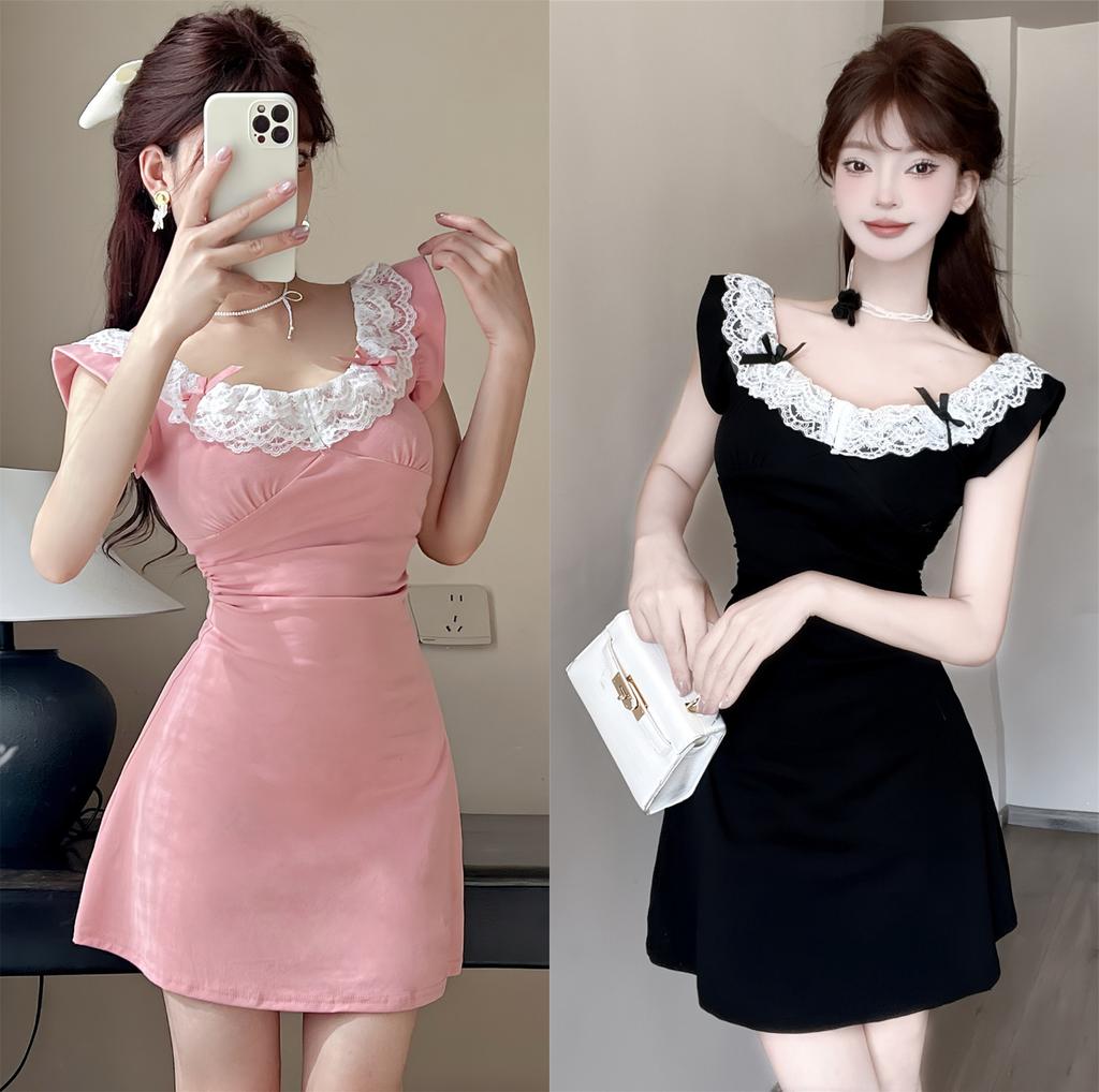 Summer new pink dress women's lace splicing bow waist skirt short skirt
