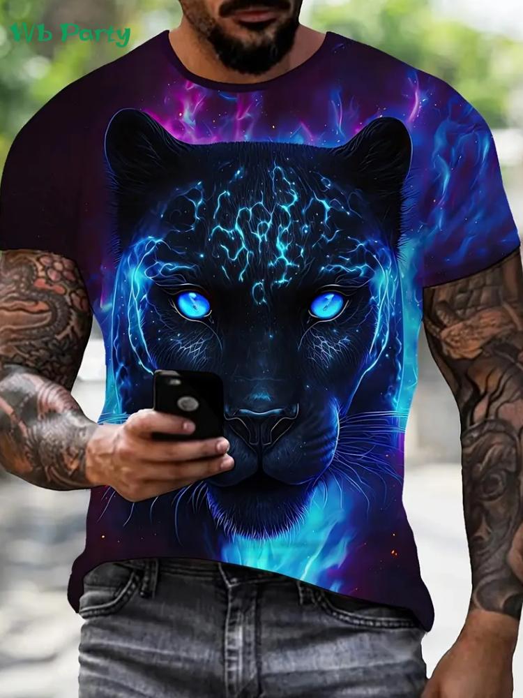 3D Leopard Men's Graphic T-Shirt Summer Outdoor Men's Short Sleeved Tee Fashion Round Neck Men's Tops Oversized Men's T-Shirt