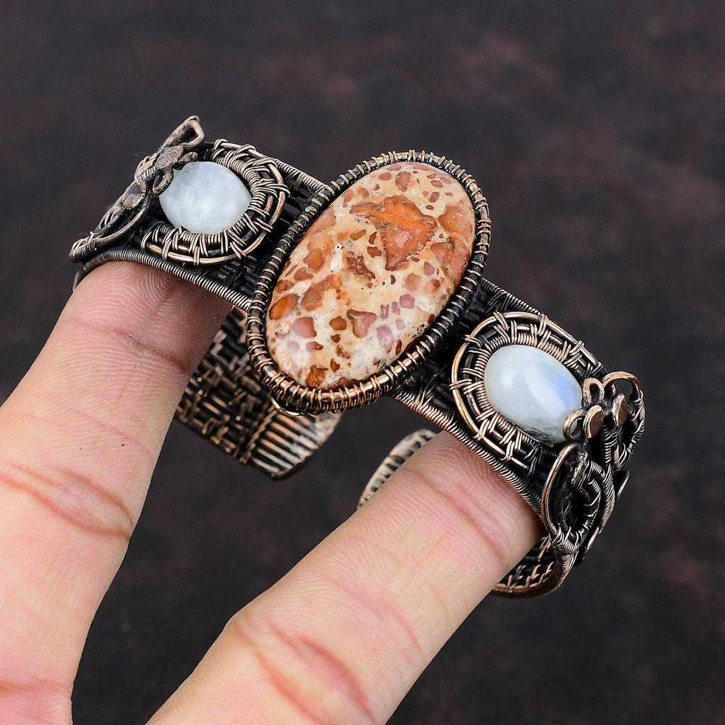 Asteroid Jasper Bangle Copper Wire Wrapped Gemstone Cuff Bracelet Rainbow Moonstone Bangle Handmade Adjustable Bangle Dainty Copper Jewelry