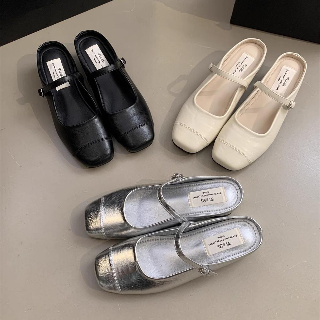 Inner heightening bag head half slippers women's outer wear summer French platform sandals fairy temperament Mary Jane silver shoes
