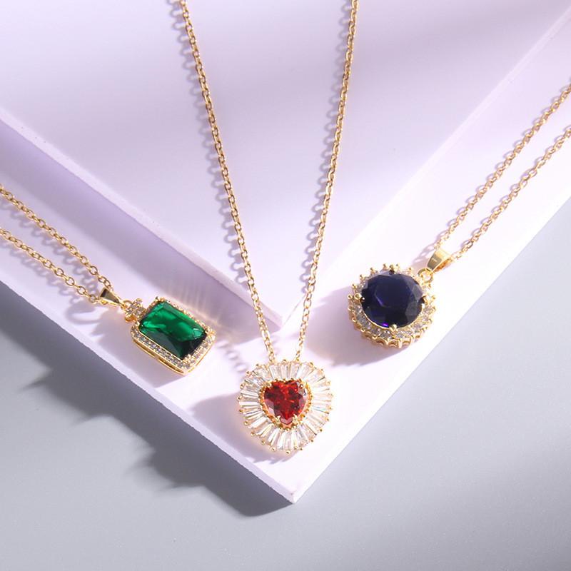 Vintage Green Purple Red Crystal Pendant Necklace Stainless Steel Geometric Choker Jewelry Party Gifts For Women Girls