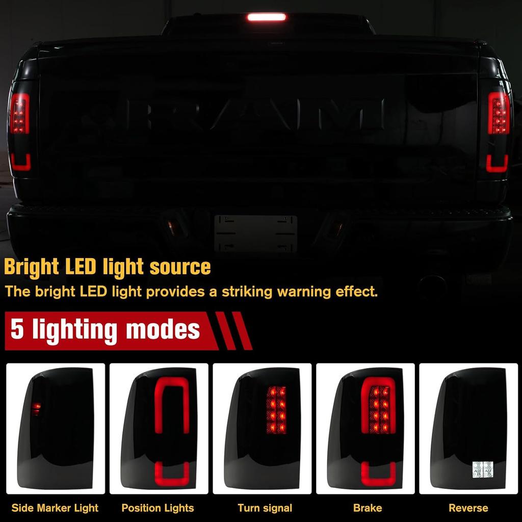 LED Tail Lights for Dodge RAM 1500 2009-2018, Ram 2500 3500 2010-2018, Smoke Lens, 2PCS