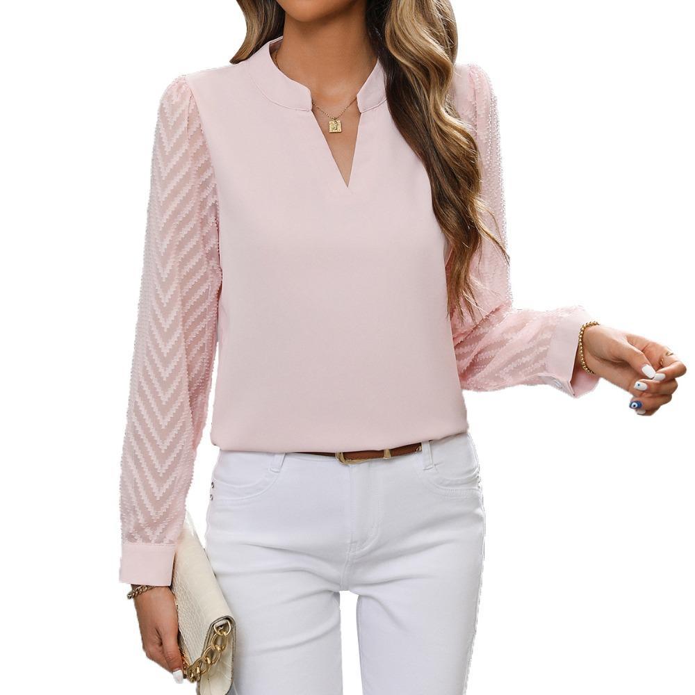 Women's V-Neck Long Sleeve Chiffon Blouse with Textured Chevron Mesh Sleeves Elegant Office Top