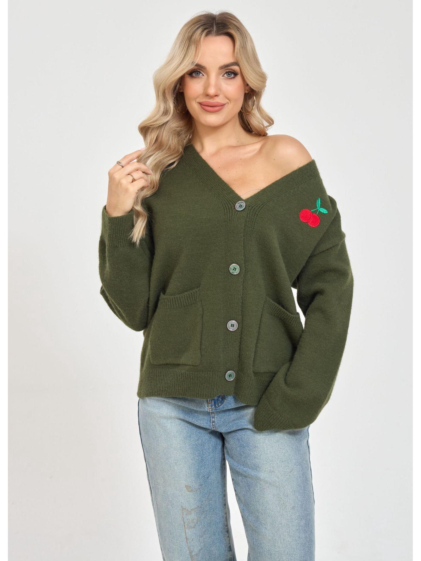 

European and American Embroidered Cherry V-Neck Long-Sleeve Knit Cardigan Sweater for Women - Autumn/Winter Collection. оливковий колір