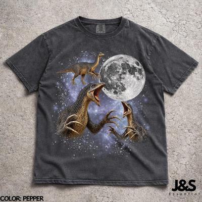Three Therizinosaurus Moon Shirt, Scythe Lizard Tee, Funny Dinosaur Galaxy Gift, Vintage Wash Retro Graphic Top, Prehistoric Nature Lover