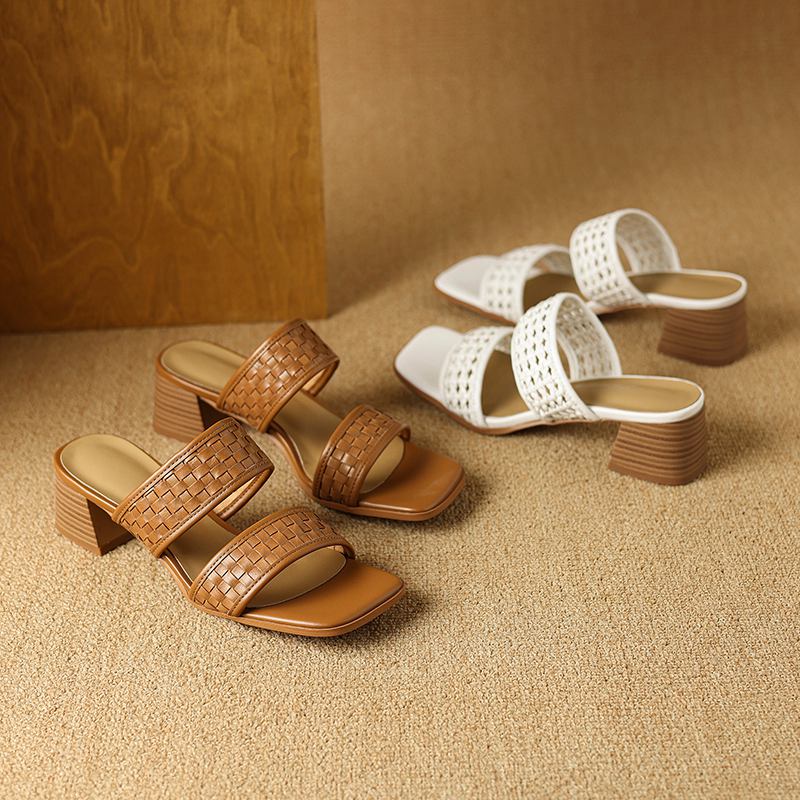 Krazing Pot Klapki z naturalnej skóry z odkrytymi palcami na średnim obcasie, buty letnie, dekoracja pleciona w stylu rzymskim, sandały damskie