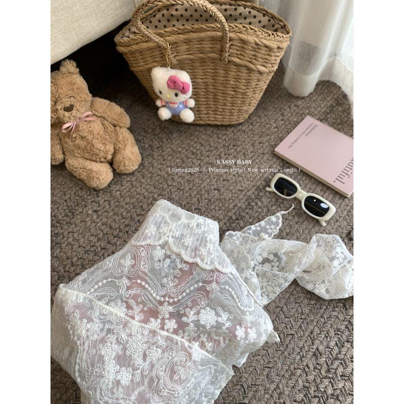 Kumikumi French style Lace Patchwork White Headscarf Women Summer Mesh Waist Towel Fart Curtain Dual-Use Triangular Binder