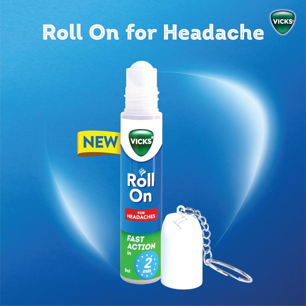 Vicks Headache Relief Roll-On, 2s Pack, Fast Action in 2 Minutes, with Menthol & Camphor