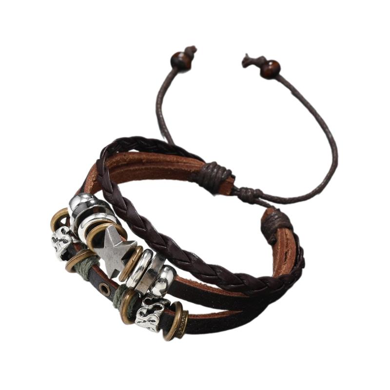 Multi Layer Leather Bracelet Adjustable Star Beaded Bangle for Women Men