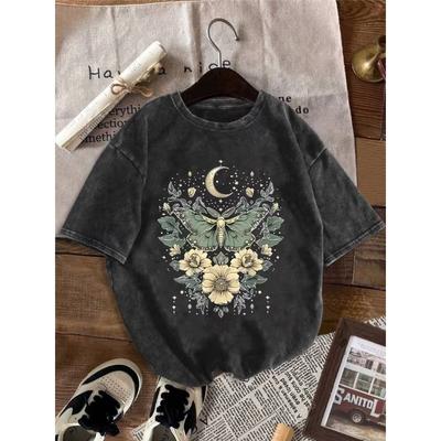 Retro Spierana Koszulka Boho Półksiężyc Ćma Księżycowa Kwiatowy Graficzny Oversize Koszulka Casual Luźna Streetwear Codzienne Ubranie