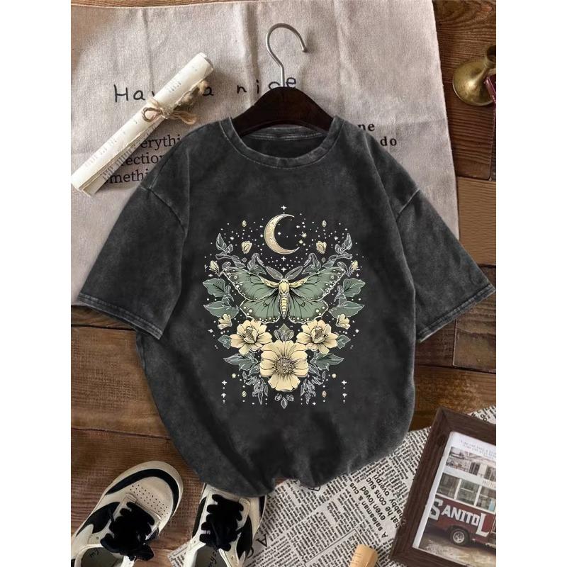 Retro Washed T Shirt Boho Crescent Moon Lunar Moth Flower Graphic Oversize T Shirt Casual Loose Streetwear Daily Wear