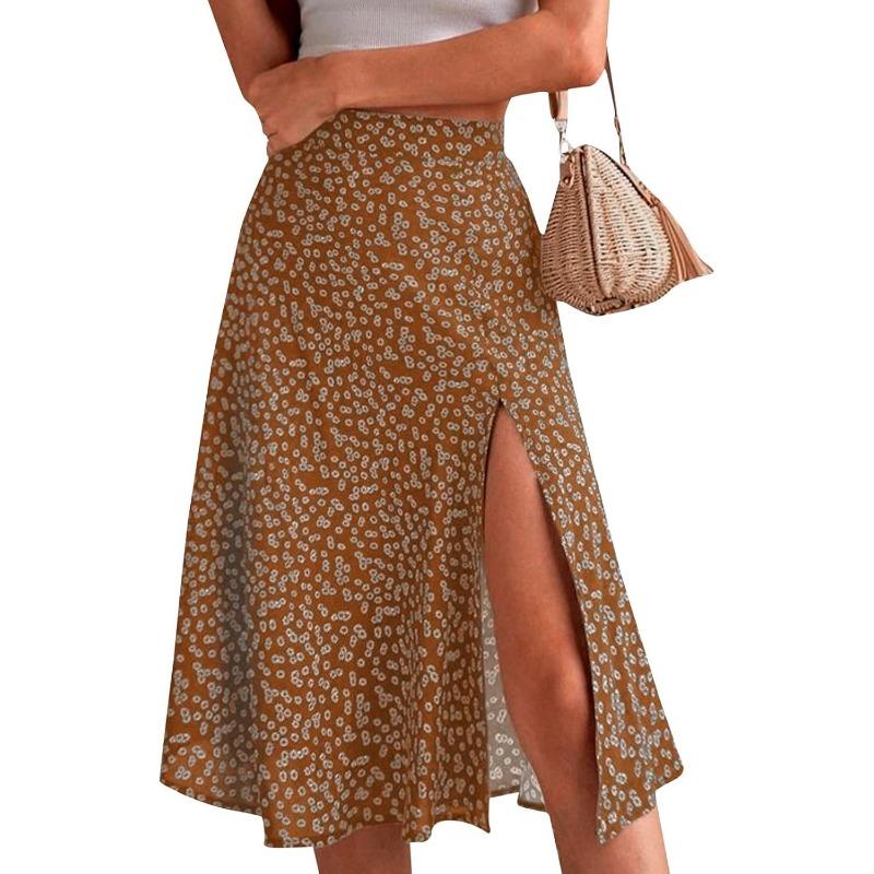 Ditsy Floral Boho Skirt for Women with Slit Summer High Waisted Flowy Midi Skirt Casual A-Line Split Beach Skirt