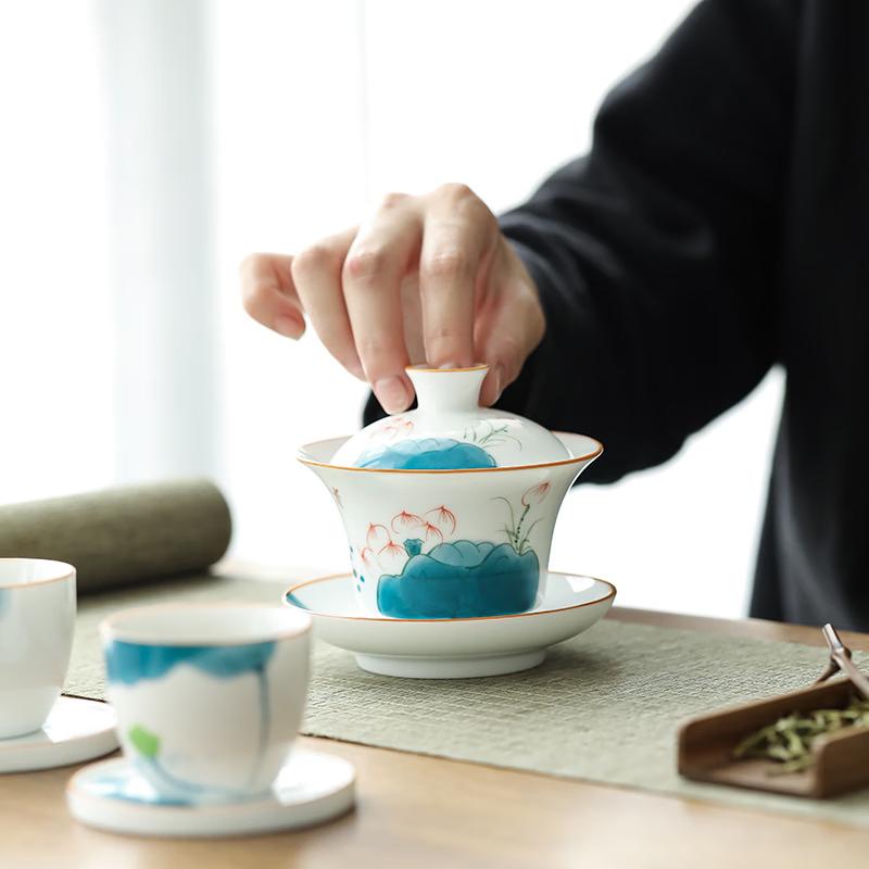 Hand-painted White Porcelain Sancai Gaiwan
