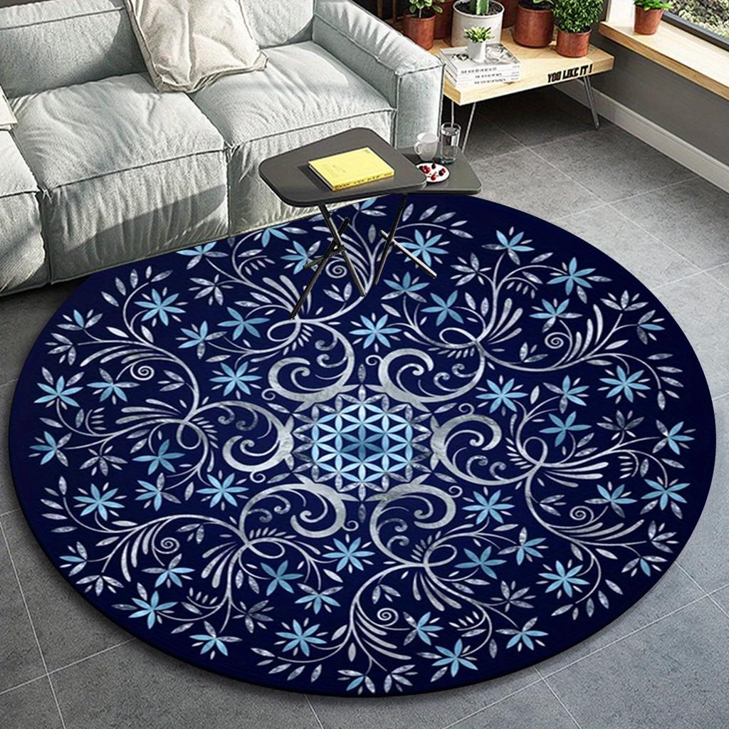 1pc Beautiful Blue Flower Pattern Round Floor Mat, Non-slip for Living Room Bedroom Chair Carpets Home Decor Gifts, Home Decor Room Decor Ou