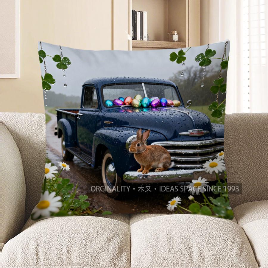 

2D Vintage Truck With Bunny And Easter Eggs Pillow Cover Pattern Cushion Cover Suitable For Sofa Bedroom Car Pillow Cover 40x40cm