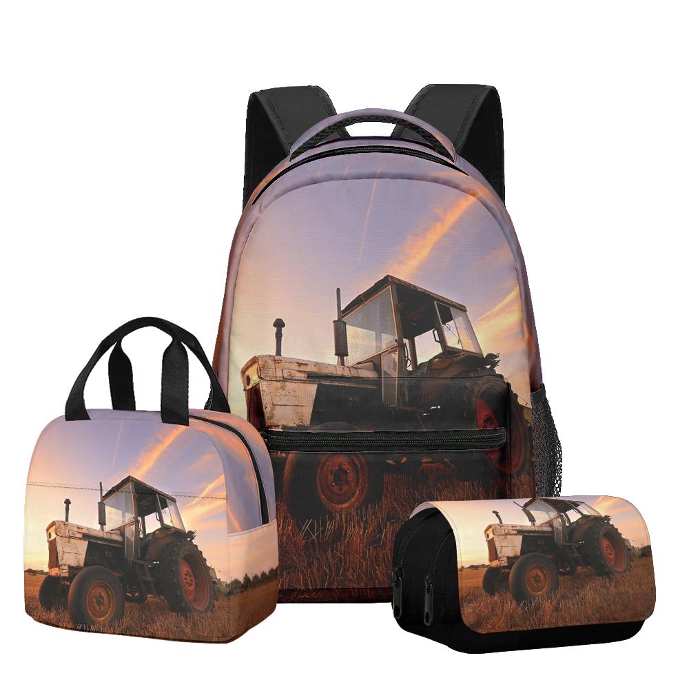 Classic Novelty Cool Tractor pattern 3D Printed 3pcs/Set Student School Bags Laptop Daypack Backpack Lunch bag Pencil Case