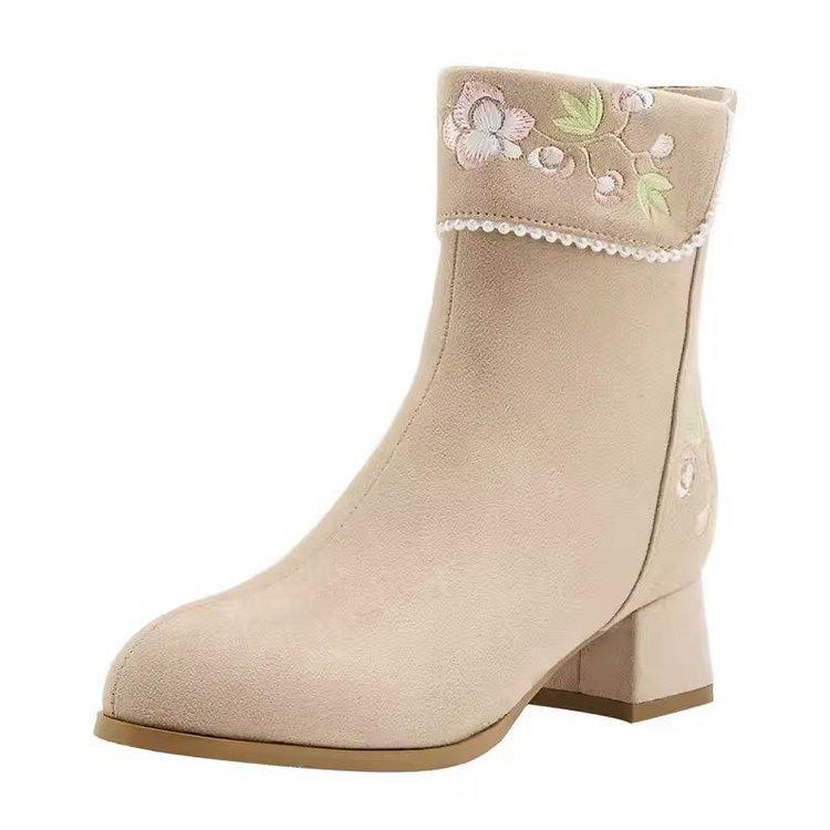Autumn and winter versatile small fragrant style apricot velvet thickened thick heel retro style medium tube short boots ethnic style embroidered cott