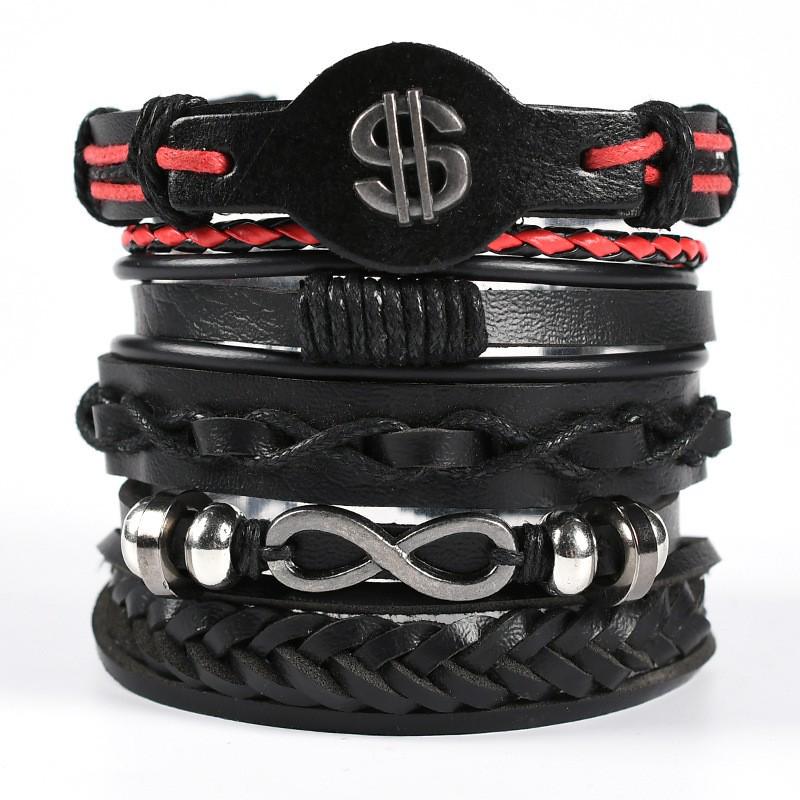 Men's Braided Leather Skull Bracelet Set with Multi-Layered Genuine Leather Bangle