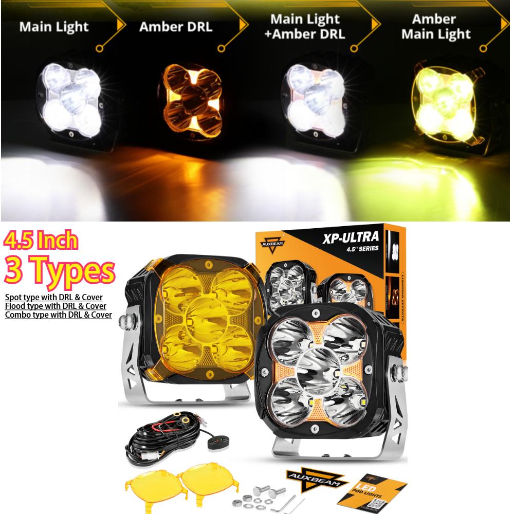 AUXBEAM 4.5 Inch LED Pod Lights Spot / Flood / Combo Driving Light with Amber DRL & Cover Work Light for ATV SUV Truck Pickup