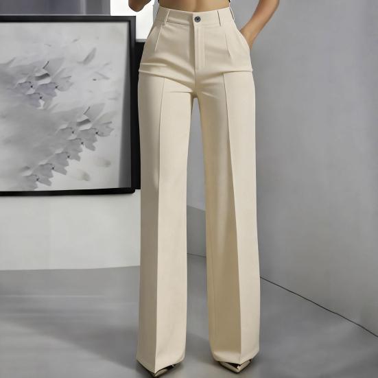 Women Pants High Waist Straight Wide Leg Suit Trousers with Side Pockets Pure Color