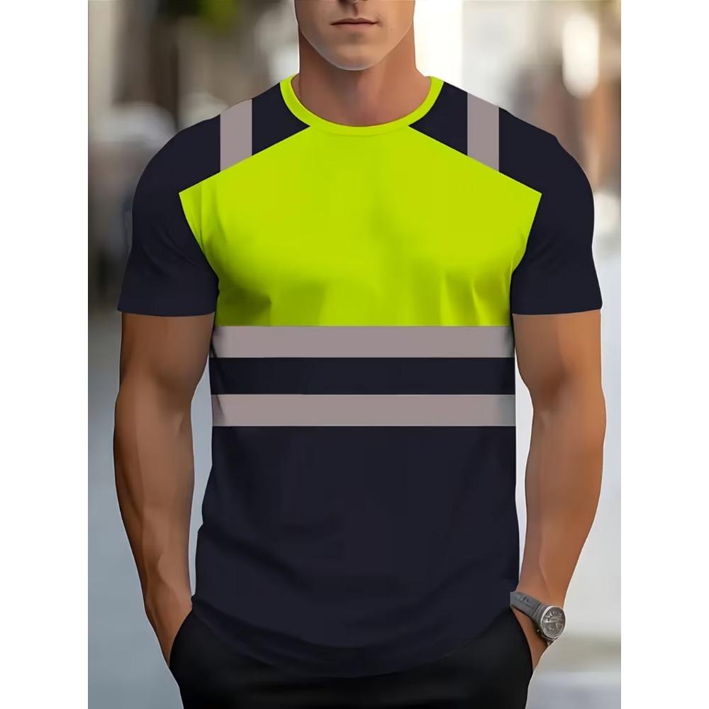 Men's 3D Printed New Safety Sign Color-Block Design Short Sleeve Fashionable Summer Casual