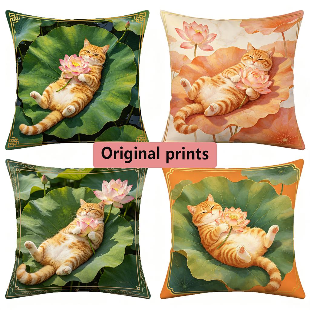 Lotus Orange Cat Print Square Throw Pillow Covers Pattern Cushion Cover Suitable For Sofa Bedroom Car Pillow Cover