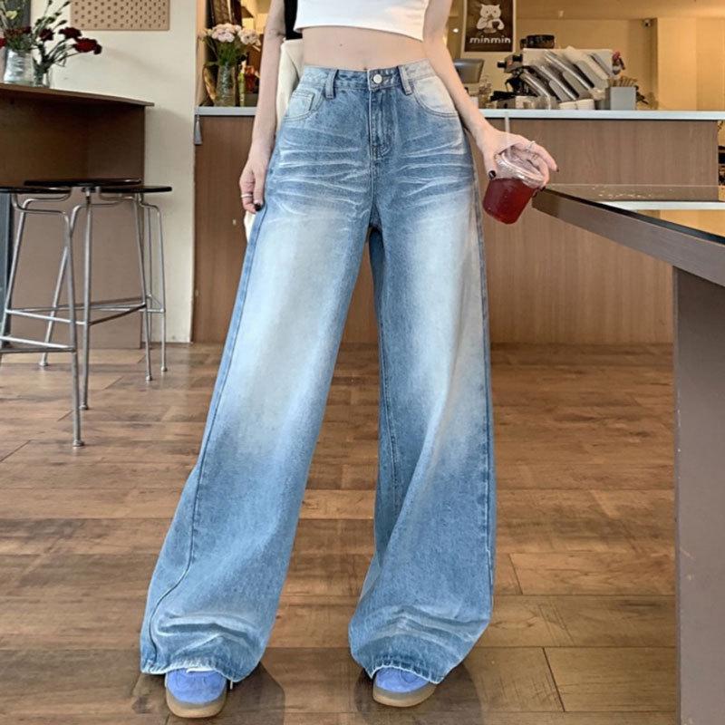 

New Style Wide-Leg Plus Size Denim Jeans for Curvy Women - Bleached, Floor-Length, Loose Fit with American Crease Design. Small светло-синий