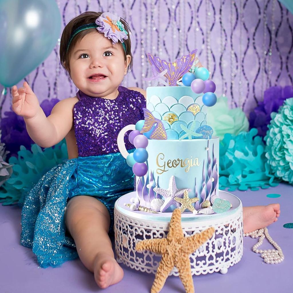 Mermaid Cake Topper 26Pcs Under The Sea Cake Decors Seashell Mermaid Tail Cake Decoration for Ocean Theme Party Supplies