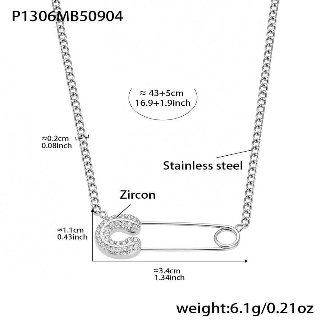 Delikatny naszyjnik z agrafką wysadzaną cyrkoniami na cienkim łańcuszku ze stali nierdzewnej pokrytej 18k złotem, zawieszka, naszyjnik-charms dla kobiet