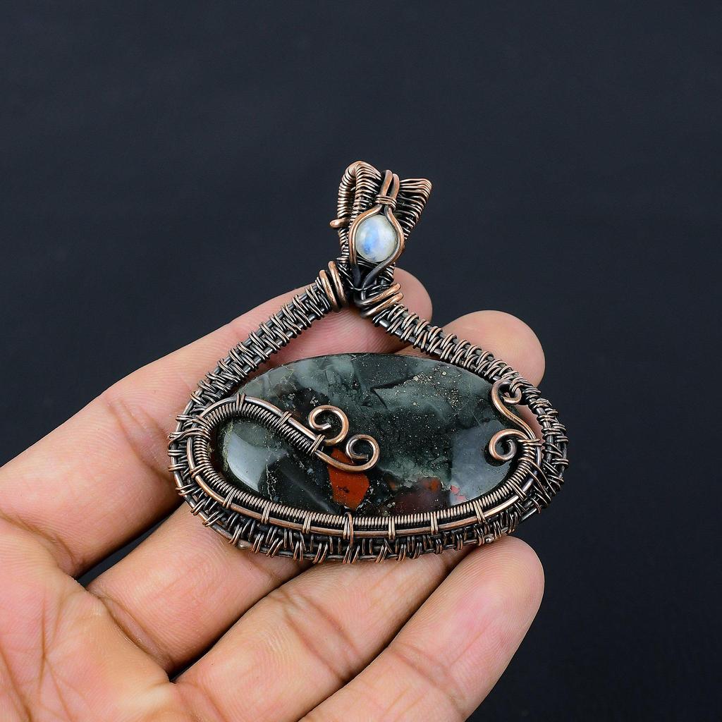 Bloodstone Gemstone Pure Copper Wire Wrapped Handmade Pendant Jewelry