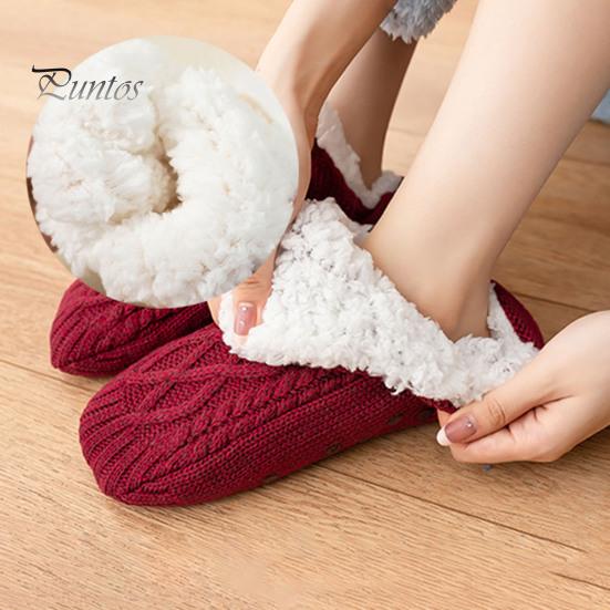 1 Pair Winter Floor Socks Thick Plush Knitted Heat Retention Anti-slip Silicone Sole V-Shaped Ribs Warm Daily Home Wear Bedroom Socks