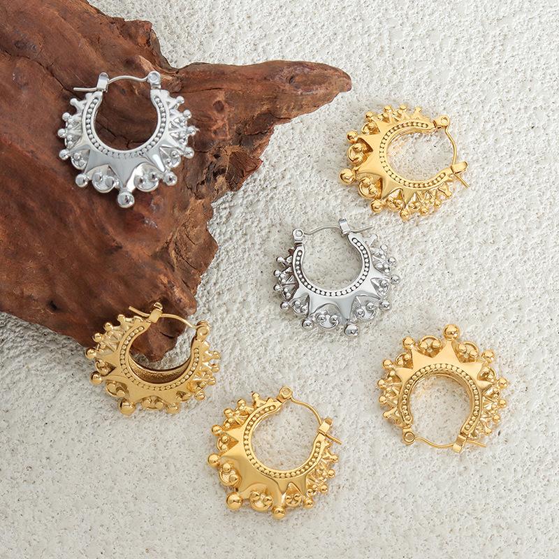CARLIDANA Non Tarnish Vintage Womens Gold Color Stainless Steel Waterproof Hypoallergenic Spikes Beads Fashion Hoop Earring
