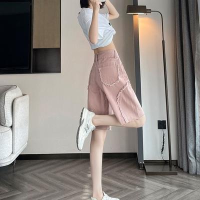 Jeans Rosa Franjados Cinco Pontos para Mulheres No Verão Cintura Alta Emagrecendo Solto e Perna Larga Calças de Comprimento Médio