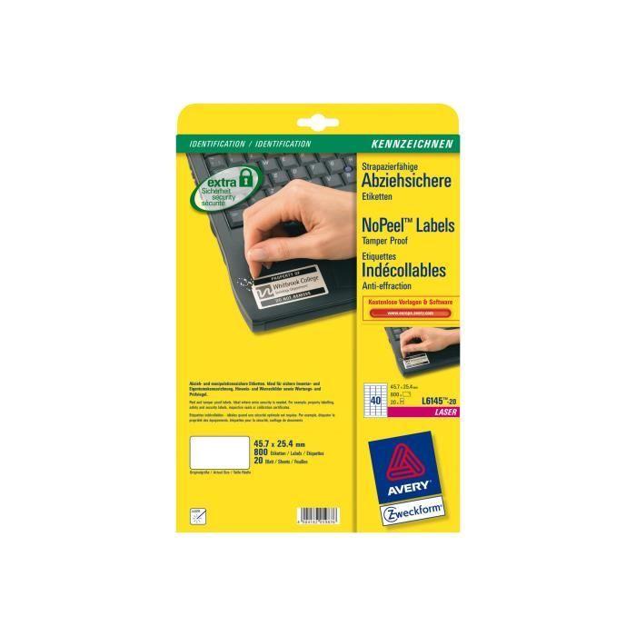 Avery NoPeel Labels L6145 Étiquettes polymère blanc 25.4 x 45.7 mm 800 étiquette(s) (20 feuille(s) x 40)