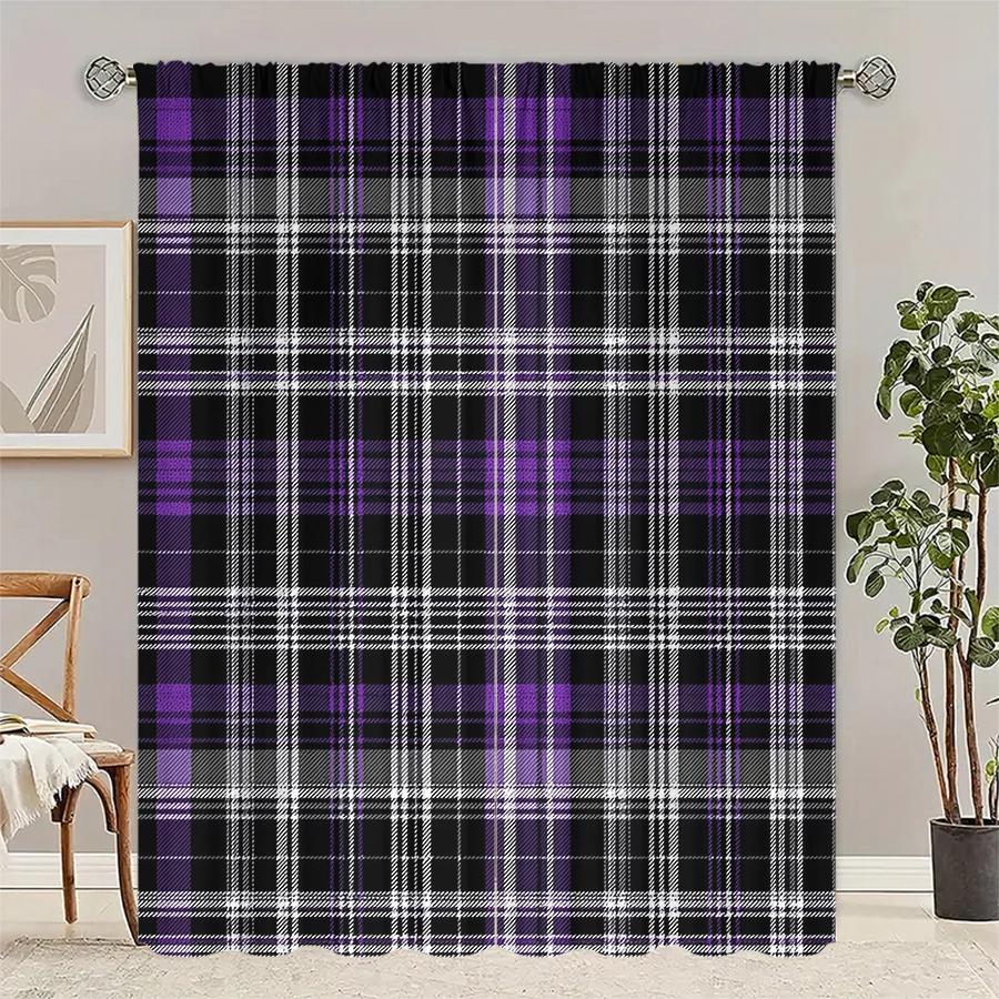 2pcs- Purple geometric checkered printed curtains, pole bag curtains, Christmas decorations, home decorations, room decorations