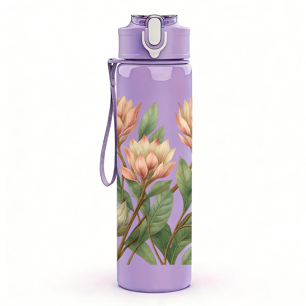1PC Pink Protea Flower Bouquet 750ml Color Plastic Sports Water Bottle Leakproof Flip Straw Lid For Sports Office Home Use