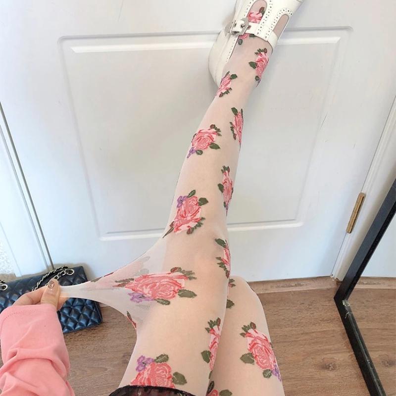 Rose Print Fishnet Tights, Semi Sheer High Waist Mesh Pantyhose, Women S Stockings & Hosiery One Size