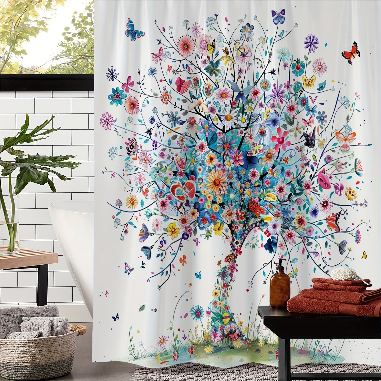 

An Artistic Shower Curtain with a Butterfly Print And Floral Design, Including 12 Hooks for Window Curtains. 90X180cm
