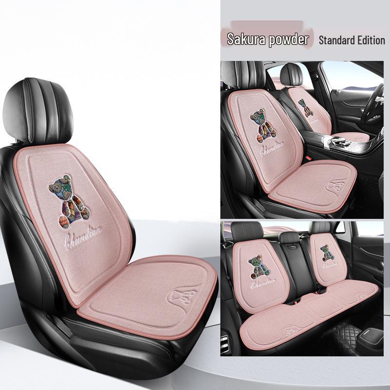 Four Seasons Universal Linen Car Seat Cushion - Cartoon Bear, Breathable, Half-Wrap Rear Seat Cover