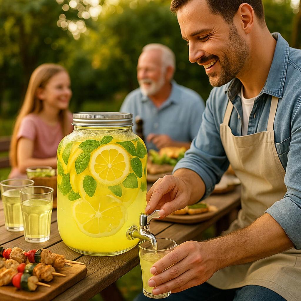 Glass Jar with Tap 4L with Metal Cap for Lemonade, Grill, Drinks, Water