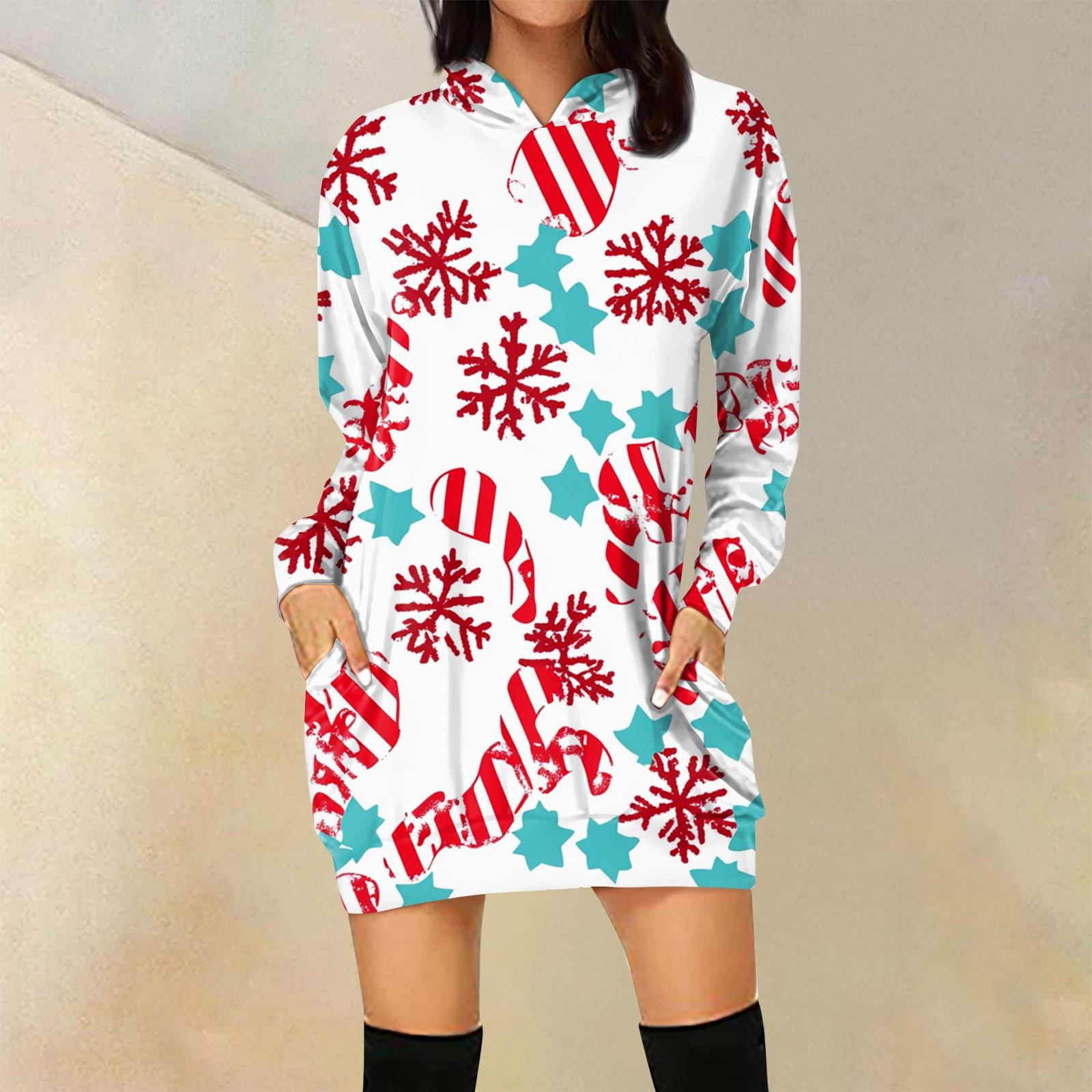 

Женская свободная повседневная толстовка с капюшоном и карманом с длинными рукавами с рождественским принтом, длинный топ XL белый